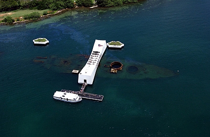 An aerial view of the USS Arizona Memorial.