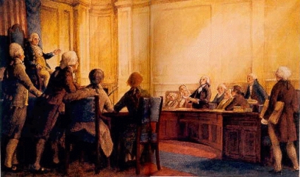 First Congress listens to Madison present Bill of Rights.