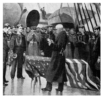 A Burial at Sea in the 19th Century. The American flag touches the deck.