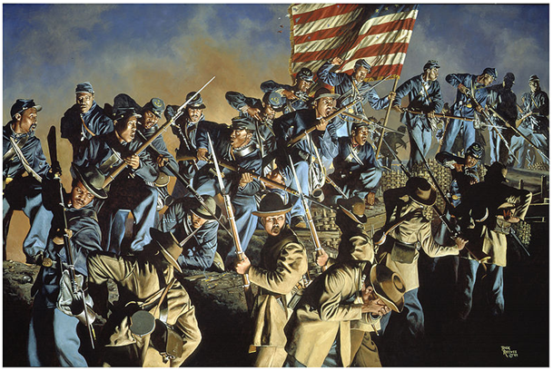 The Old Flag Never Touched the Ground, oil painting which depicts the 54th Massachusetts Volunteer Infantry Regiment at the attack on Fort Wagner, South Carolina, on July 18, 1863