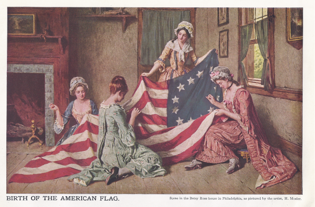 Painting depicting Betsy Ross making the first Stars and Stripes.