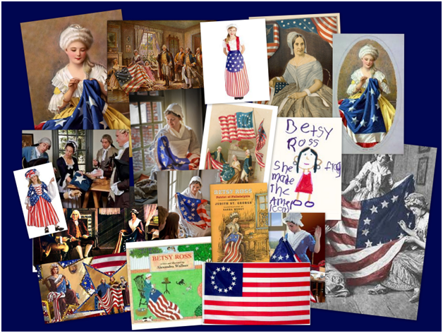 Collage trying to portray Betsy Ross, the woman who sewed the first US flag