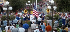 The 2004 Disney All-American College Band plays at Disneyland's daily flag ceremony